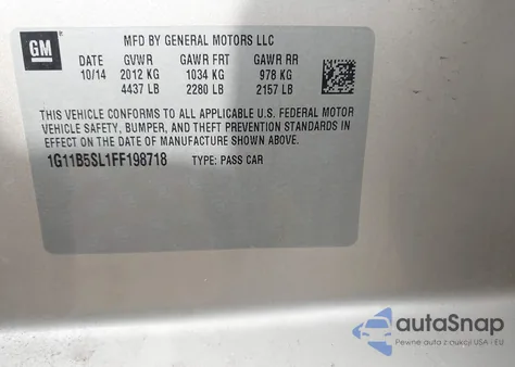 2015 Chevrolet Malibu Ls from USA, damaged, VIN 1G11B5SL1FF198718